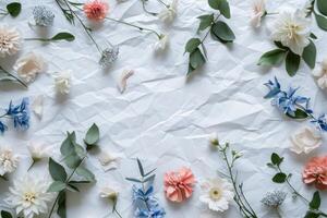 ai gerado uma ramalhete do flores espalhados em branco papel com folhas foto