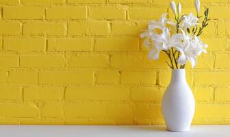 ai gerado uma branco vaso com flores dentro frente do uma amarelo tijolo parede foto