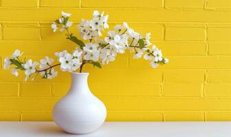 ai gerado uma branco vaso com flores dentro frente do uma amarelo tijolo parede foto