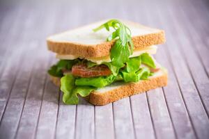 sanduíche com vários verdes, queijo, salsicha, tomate foto