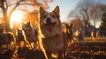 ai gerado cachorro parque camaradagem alegre e comovente, manhã, ângulo amplo tiro do cachorros socializar às a parque. foto