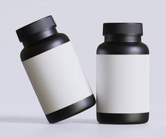 Preto comprimido garrafa branco rótulo para brincar coleção. ilustração 3d Renderização, perfeito para médico, Cosmético, proteína, farmacia produtos e etc foto