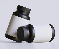 Preto comprimido garrafa branco rótulo para brincar coleção. ilustração 3d Renderização, perfeito para médico, Cosmético, proteína, farmacia produtos e etc foto