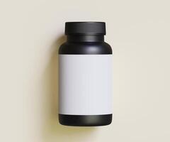 Preto comprimido garrafa branco rótulo para brincar coleção. ilustração 3d Renderização, perfeito para médico, Cosmético, proteína, farmacia produtos e etc foto