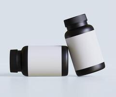 Preto comprimido garrafa branco rótulo para brincar coleção. ilustração 3d Renderização, perfeito para médico, Cosmético, proteína, farmacia produtos e etc foto