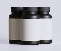 Preto comprimido garrafa branco rótulo para brincar coleção. ilustração 3d Renderização, perfeito para médico, Cosmético, proteína, farmacia produtos e etc foto