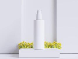 realista Cosmético embalagem, beleza produtos recipiente definir, plástico garrafa ilustração em branco. spray garrafa, creme tubo e jarra brincar coleção em a pódio 3d. Claro spa higiene objeto foto