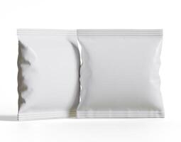 em branco plástico lanche saco brincar, branco batata salgadinhos recipiente, 3d Renderização isolado em branco fundo foto