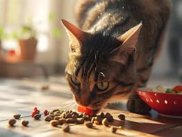 ai gerado uma Castanho gato come gato Comida a partir de a chão dentro uma luz brilhante sala. Alto qualidade. ai generativo foto