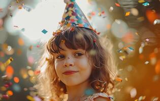 ai gerado uma menina vestindo uma festa chapéu foto