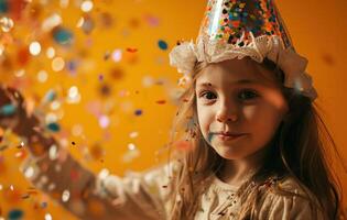 ai gerado uma menina vestindo uma festa chapéu foto