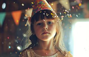 ai gerado uma menina vestindo uma festa chapéu foto