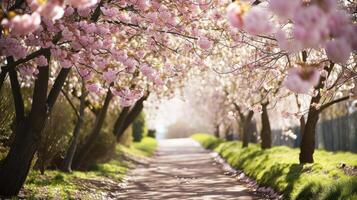 ai gerado pacífico passear abaixo uma marquise do florescendo cereja flores foto