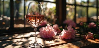 ai gerado uma vidro do Rosa vinho com flores é conjunto dentro frente do uma de madeira mesa foto