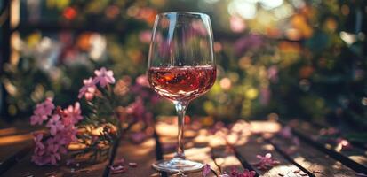 ai gerado uma vidro do Rosa vinho com flores é conjunto dentro frente do uma de madeira mesa foto