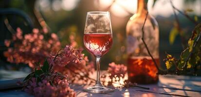 ai gerado uma vidro do vinho dentro frente do uma flor vaso foto