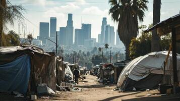 ai gerado refugiado acampamento abrigo para sem teto dentro frente do los angeles cidade Horizonte foto