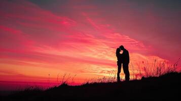 ai gerado tirar o fôlego imagem capturando a silhueta do uma casal abraçando contra uma vibrante pôr do sol foto