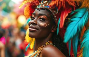 ai gerado uma mulher com colorida penas e às uma carnaval foto