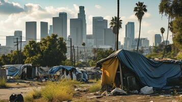 ai gerado refugiado acampamento abrigo para sem teto dentro frente do los angeles cidade Horizonte foto