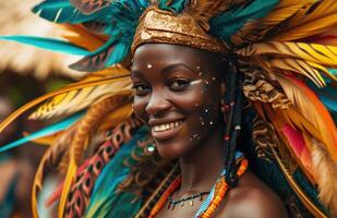 ai gerado uma mulher com colorida penas e às uma carnaval foto