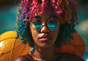 ai gerado uma jovem mulher com colorida afro cabelo e oculos de sol segurando flutua foto