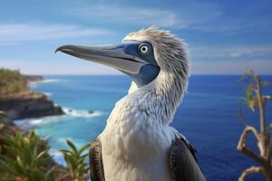 ai gerado a raro de pés azuis booby descansos em a de praia. ai gerado foto