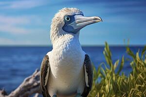 ai gerado a raro de pés azuis booby descansos em a de praia. ai gerado foto