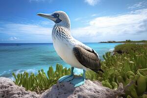 ai gerado a raro de pés azuis booby descansos em a de praia. ai gerado foto