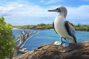 ai gerado a raro de pés azuis booby descansos em a de praia. ai gerado foto