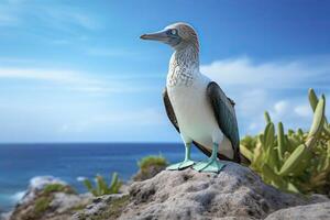 ai gerado a raro de pés azuis booby descansos em a de praia. ai gerado foto