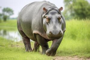 ai gerado hipopótamo caminhando dentro uma verde campo. ai gerado foto