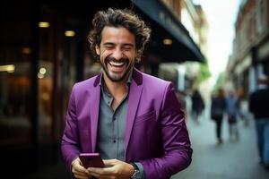 ai gerado feliz sorridente relaxado jovem homem de negocios segurando Smartphone usando Móvel telefone digital tecnologia aplicativos. generativo ai. foto