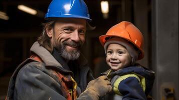 ai gerado pai e filho dentro construção local com capacetes. generativo ai. foto