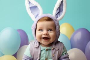 ai gerado uma fofa bebê vestindo Páscoa Coelho orelhas com Páscoa ovos e colorida fundo. generativo ai. foto