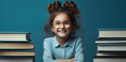 ai gerado feliz fofa pequeno menina em uma azul fundo com livros. generativo ai. foto