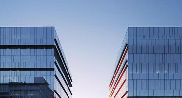 ai gerado dois moderno edifícios com vidro janelas. arquitetura Projeto do edifícios. ai gerado foto