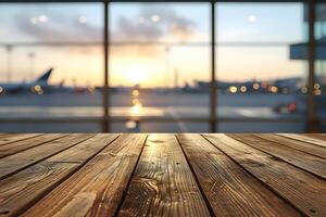 ai gerado de madeira de mesa primeiro plano, embaçado aeroporto interior foto