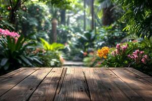 ai gerado esvaziar de madeira de mesa com embaçado botânico jardim fundo foto