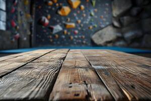 ai gerado esvaziar de madeira de mesa com embaçado Rocha escalada Academia fundo foto