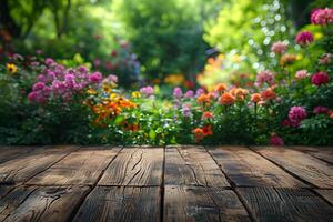 ai gerado esvaziar mesa com lindo flor jardim Visão dentro a fundo foto