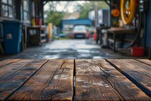 ai gerado primeiro plano de madeira mesa, borrão do uma carro reparar oficina, garagem cena foto