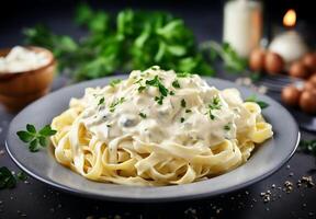 ai gerado topo Visão fettucina com Alfredo molho em branco fundo foto