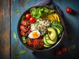 ai gerado salmão cutucar tigela abacate cereja ovo e arroz em Sombrio fundo com pauzinhos foto