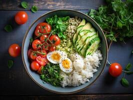 ai gerado salmão cutucar tigela abacate cereja ovo e arroz em Sombrio fundo com pauzinhos foto