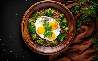 ai gerado Escovar ou almoço prato com aveia frango Rolo de carne pepino e verde ervas saúde Comida topo Visão a sobrecarga foto