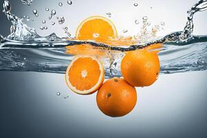 ai gerado laranja com cortar dentro metade flutuando dentro água de ai generativo foto