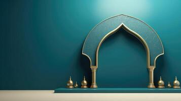 ai gerado mesquita porta dentro turquesa fundo, Ramadã kareem fundo foto