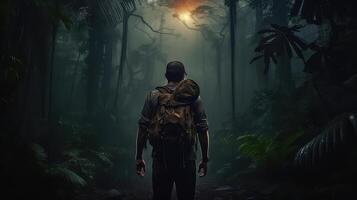 ai gerado caminhada dentro a selva. homem com uma mochila caminhando dentro a selva. foto