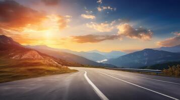 ai gerado rodovia estrada dentro a montanhas e pôr do sol foto